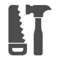Saw and hammer solid icon, house repair concept, carpentry tools sign on white background, Hand saw and hammer icon in Royalty Free Stock Photo