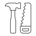 Saw and hammer thin line icon, house repair concept, carpentry tools sign on white background, Hand saw and hammer icon Royalty Free Stock Photo