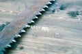 Saw prongs old and rusty close-up on wooden background Royalty Free Stock Photo