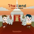 Sawasdee greeting culture of thailand cute cartoon couple of kids character and elephant vector illustration Royalty Free Stock Photo