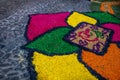 Sawdust alfombra for Semana Santa on cobbled street, Antigua, Guatemala