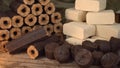 Sawdust briquettes: those with holes through the centre, and those that are solid. Sustainable bioenergy