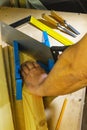 Miter box and hacksaw for sawing parts at an angle