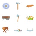 Sawing woods icons set, cartoon style