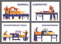 Sawmill and carpentry wood works banners or flyers flat vector illustration.