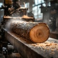 Sawmill cutting log with sawdust flying in workshop. Royalty Free Stock Photo