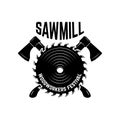 Sawmill. Emblem template with crossed lumberjack axes and saw. Design element for logo, label, emblem, sign.