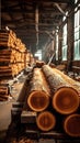 Sawmill industry concept Wooden plank, stack of logs in production Royalty Free Stock Photo