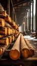 Sawmill industry concept Wooden plank, stack of logs in production Royalty Free Stock Photo