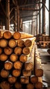 Sawmill industry concept Wooden plank, stack of logs in production Royalty Free Stock Photo