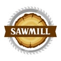 Sawmill label with wood stump and saw. Emblem for forestry and lumber industry Royalty Free Stock Photo
