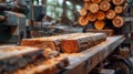 Sawmill. Process of machining logs in equipment sawmill machine saw saws the tree trunk on the plank boards. Wood Royalty Free Stock Photo