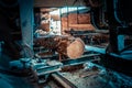 Sawmill. Process of machining logs in sawmill machine saws the tree trunk