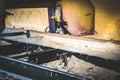 Sawmill. Process of machining logs in sawmill machine saws the tree trunk