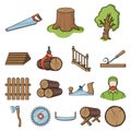 Sawmill and Timber cartoon icons in set collection for design. Hardware and Tools vector symbol stock web illustration.