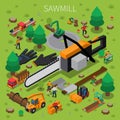 Sawmill Timber Mill Lumberjack Isometric Composition