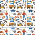 Sawmill woodcutter character logging equipment lumber machine industrial wood timber forest seamless pattern background