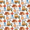 Sawmill woodcutter character logging equipment lumber machine industrial wood timber forest seamless pattern background