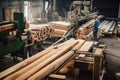 Sawmill with workers cutting logs into lumber, supporting the construction industry with quality wood products