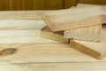 Sawn boards lie on the wooden surface.Construction materials from pine Royalty Free Stock Photo