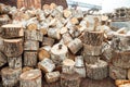 Sawn wood in logs in the warehouse Royalty Free Stock Photo