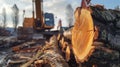 Sawn logs with an excavator in the background