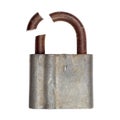 Sawn padlock on white background.