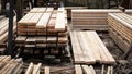 Sawn and stacked timber. Outdoor warehouse and production