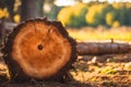 Sawn tree trunk stump on a forest.