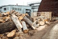 Sawn wood in logs in the warehouse