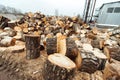 Sawn wood in logs in the warehouse