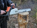 Saws on a log with a manual chainsaw
