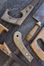 Saws / old handsaws details on wooden background Royalty Free Stock Photo