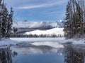 Sawtooth Mountains reflection in winter at Little Redfish Lake Royalty Free Stock Photo