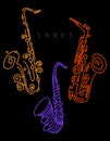 Sax illustration in neon colors on a black background. Royalty Free Stock Photo
