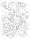 Sax Instrument Line Drawing Playing Music With Flowers Coming Out From It Coloring Book