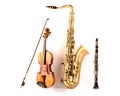 Sax tenor saxophone violin and clarinet in white Royalty Free Stock Photo