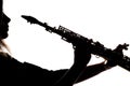 Saxafon on a white background in the hands of a musician silhouette