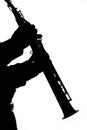 A saxafon on a white background in the hands of a musician silhouette
