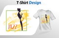 Saxaphone player silhouette t-shirt print, jazz event. Mock up t-shirt design template. Vector template, isolated on