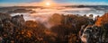 Saxon, Germany - Aerial panoramic view of the beautiful Saxon Switzerland National Park near Dresden on a foggy autumn morning Royalty Free Stock Photo