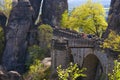 Saxon Switzerland National Park, Germany - April 19, 2124: The people going at Bastei bridge, Saxon Switzerland National