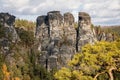 Saxon Switzerland National Park, Germany, 6 November 2021: Basteiaussicht or Bastei Rock Formations in Elbe River Valley,