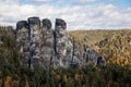 Saxon Switzerland National Park, Germany, 6 November 2021: Basteiaussicht or Bastei Rock Formations in Elbe River Valley,