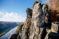 Saxon Switzerland National Park, Germany, 6 November 2021: Basteiaussicht or Bastei Rock Formations in Elbe River Valley,