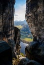 Saxon Switzerland National Park, Germany, 6 November 2021: Basteiaussicht or Bastei Rock Formations in Elbe River Valley,