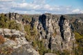 Saxon Switzerland National Park, Germany, 6 November 2021: Basteiaussicht or Bastei Rock Formations in Elbe River Valley,