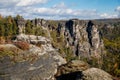 Saxon Switzerland National Park, Germany, 6 November 2021: Basteiaussicht or Bastei Rock Formations in Elbe River Valley,