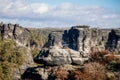 Saxon Switzerland National Park, Germany, 6 November 2021: Basteiaussicht or Bastei Rock Formations in Elbe River Valley,