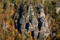 Saxon Switzerland National Park, Germany, 6 November 2021: Basteiaussicht or Bastei Rock Formations in Elbe River Valley,